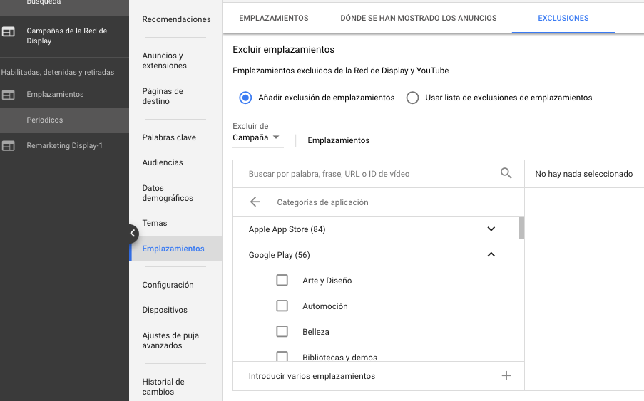 Exclusion de emplazamientos catagorias apps