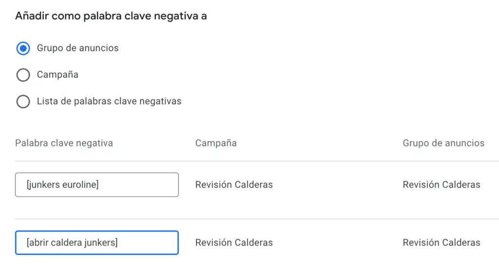 Palabra clave negativa