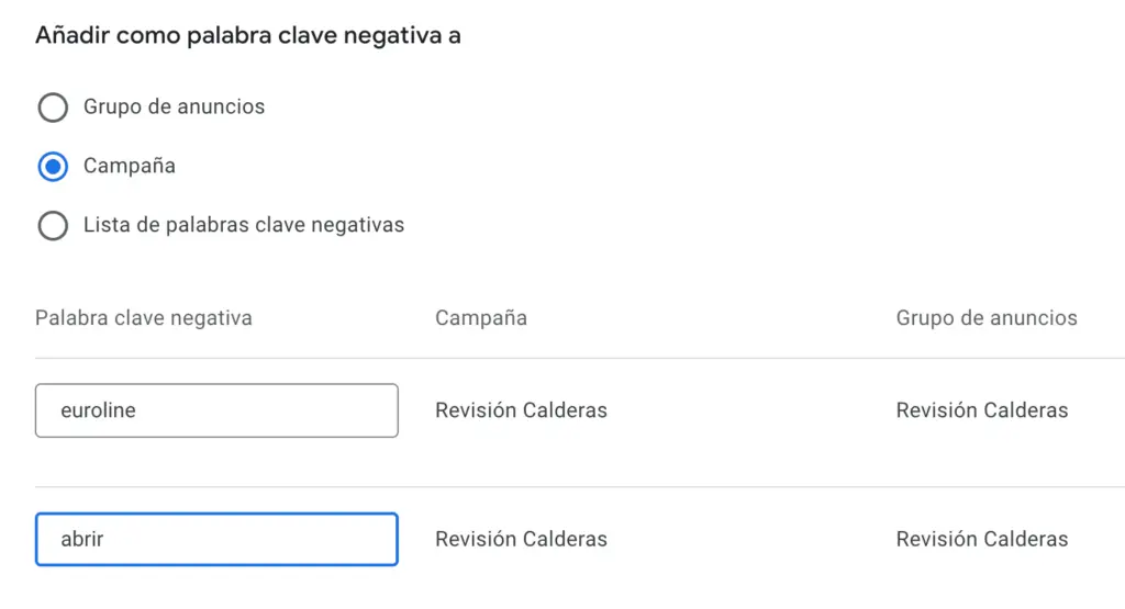 keyword negativa a nivel de campaña