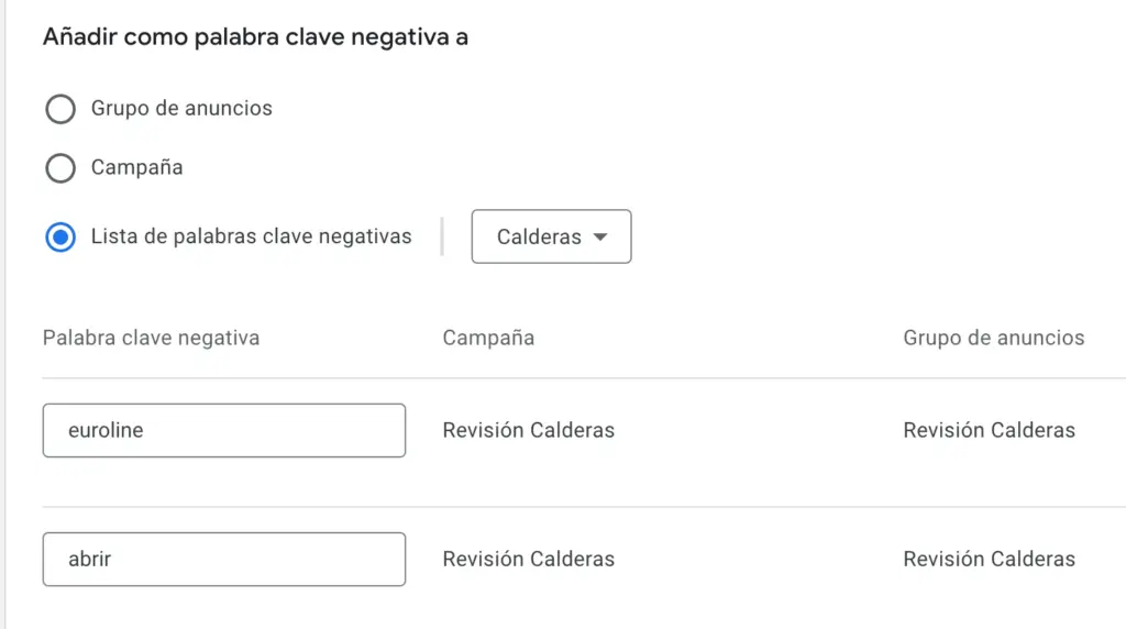 Palabra clave negativa a nivel de lista
