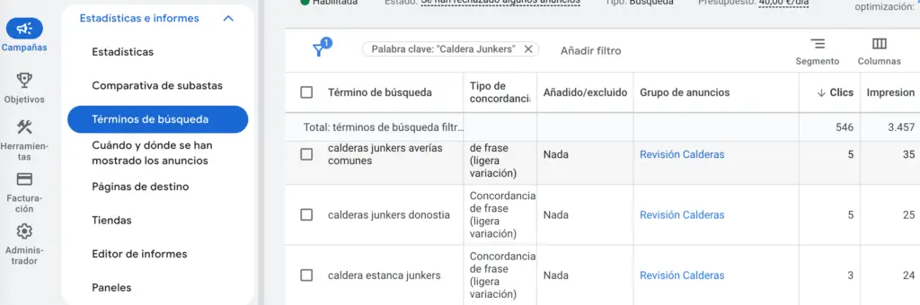 Términos de busqueda googel ads